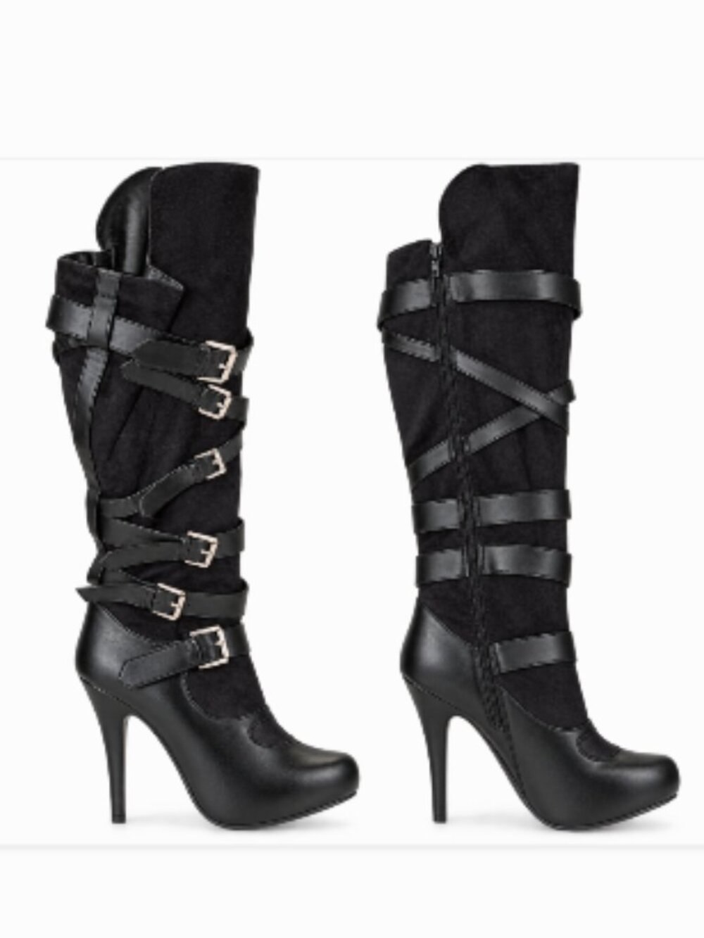 Women's 7 Black Knee High Stiletto Boots Buckle Strap